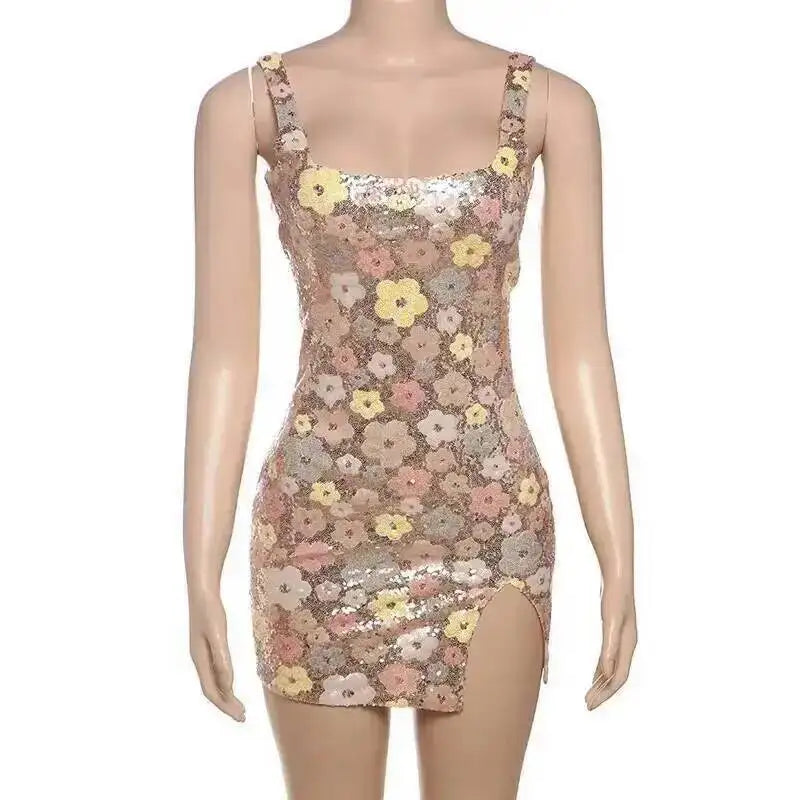 Floral Sequin Mini Dress With Spaghetti Straps
