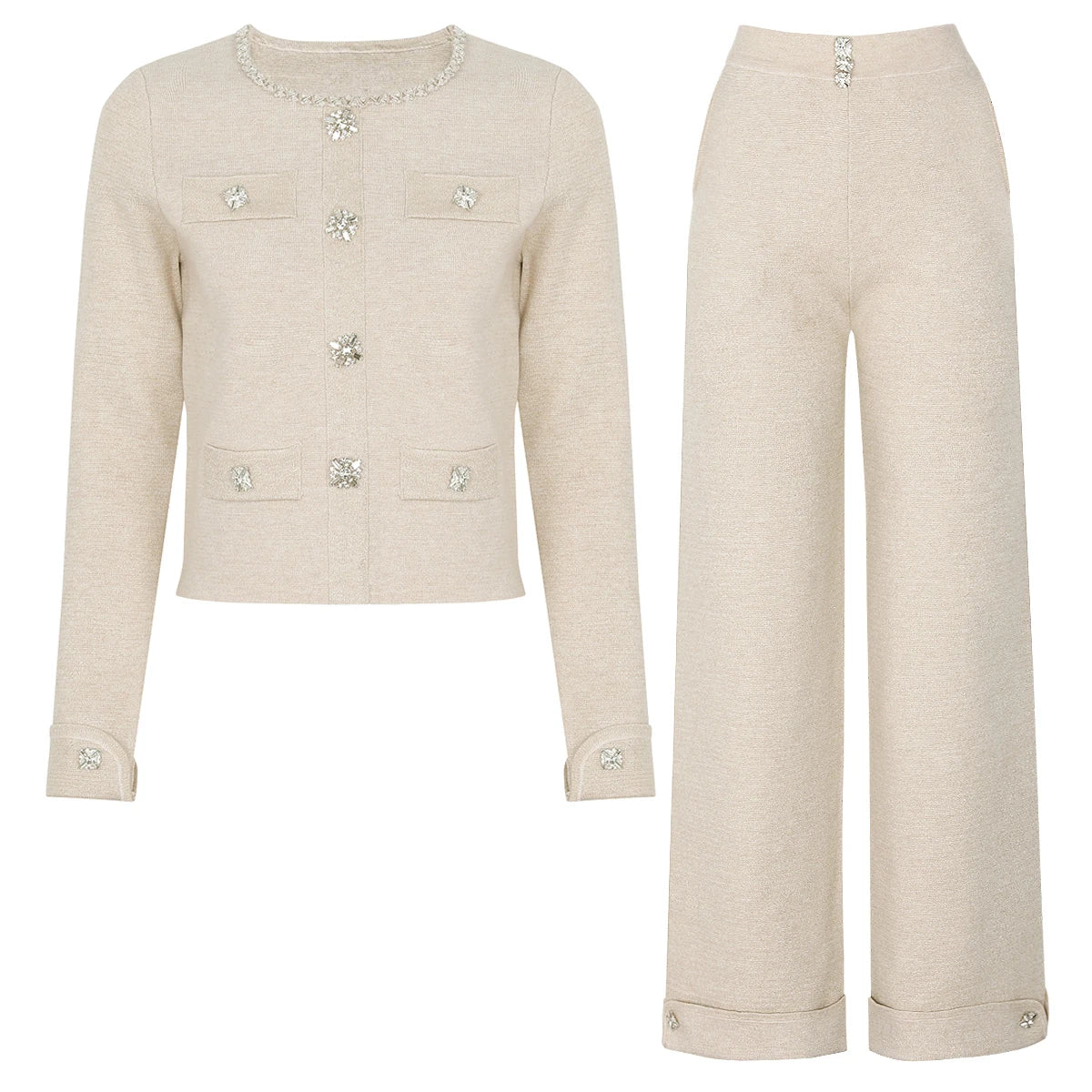Diamond Buckle Knit Top With Elastic Fit Long Sleeve Pullover Round Neck For Women