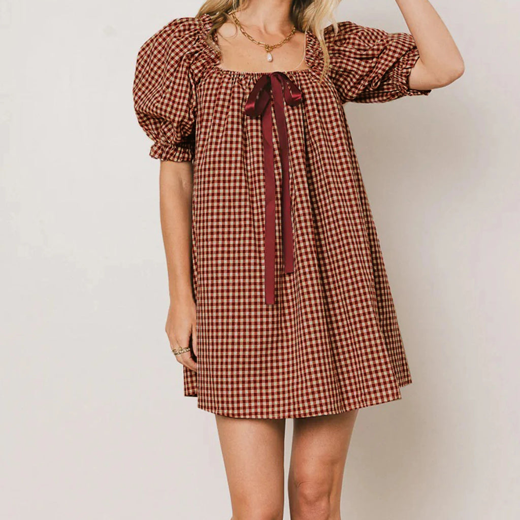 Gingham Babydoll Mini Dress With Puff Sleeves And Bow