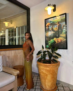 Long Maxi Dress With Skew Collar Full Sleeves Mesh See Through