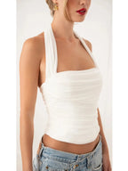 Ruched Halter Backless Top Double Layer