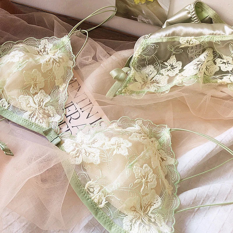 Whisper Lace Wireless Bralette Set In Ultra Thin Embroidered Mesh For Small Busts Delicate Comfort