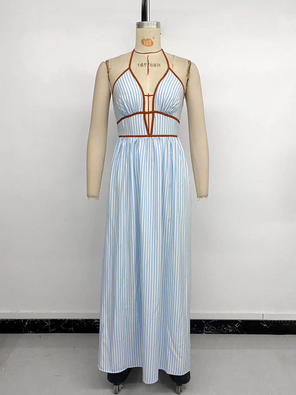 Sea Breeze Striped Deep V Beach Dress With Backless Sleeveless Maxi