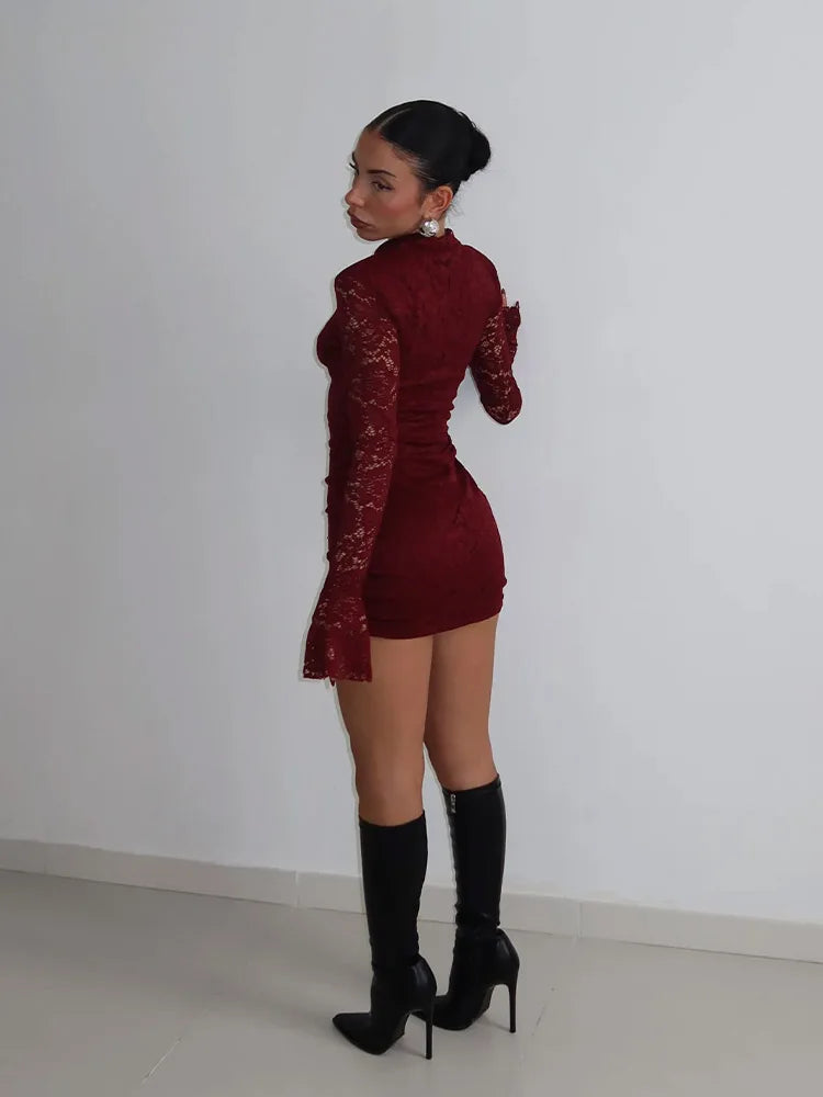 Sexy Lace Mini Dress With Sheer Panels Hollow Out Details Turtleneck Flare Sleeves Bodycon Style