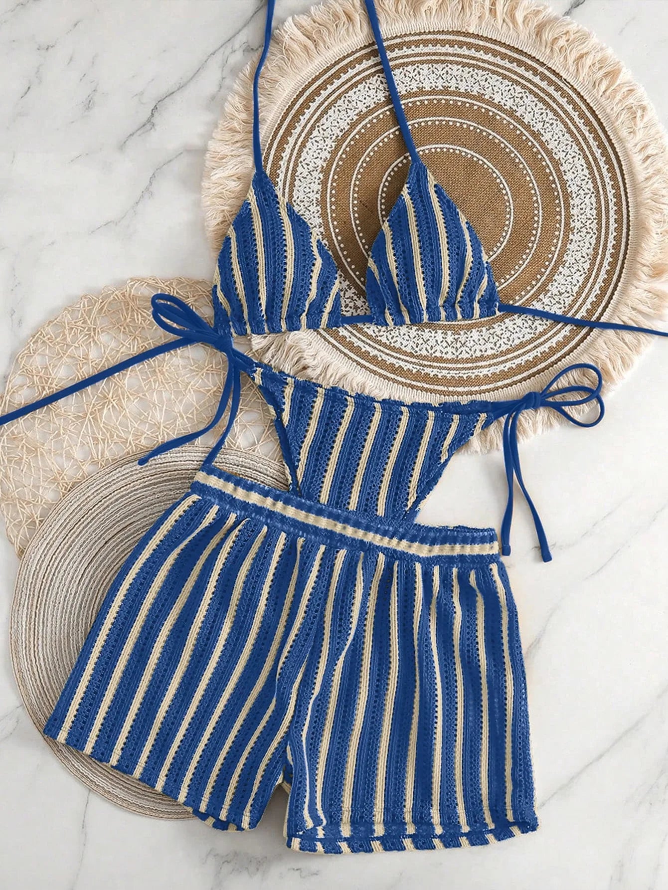 Retro Striped 3 Pieces Knitted Mesh String Bikini Set Swimsuit