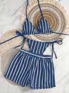 Retro Striped 3 Pieces Knitted Mesh String Bikini Set Swimsuit