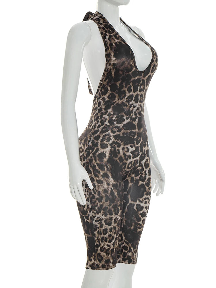 Leopard Print Halter Playsuit With Backless Design Bold Street Style Romper