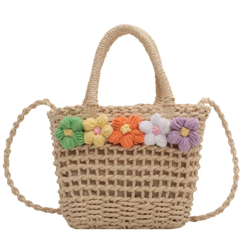 Straw Woven Shoulder Bag With Floral Details