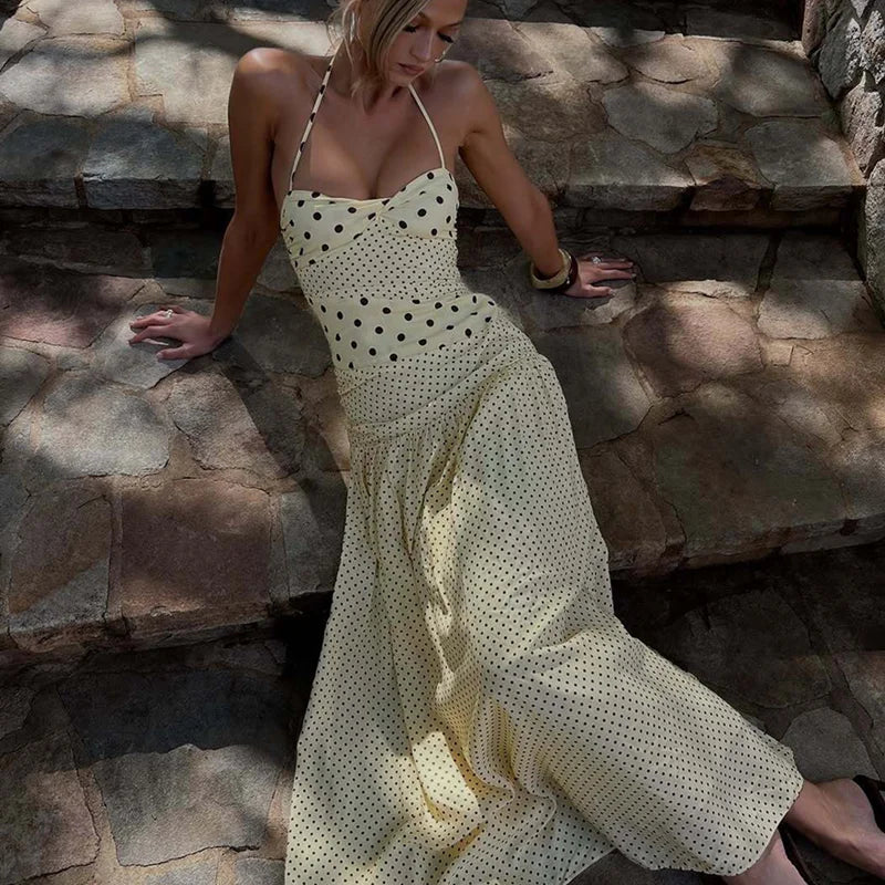 Backless Lace Up Polka Dot Maxi Dress