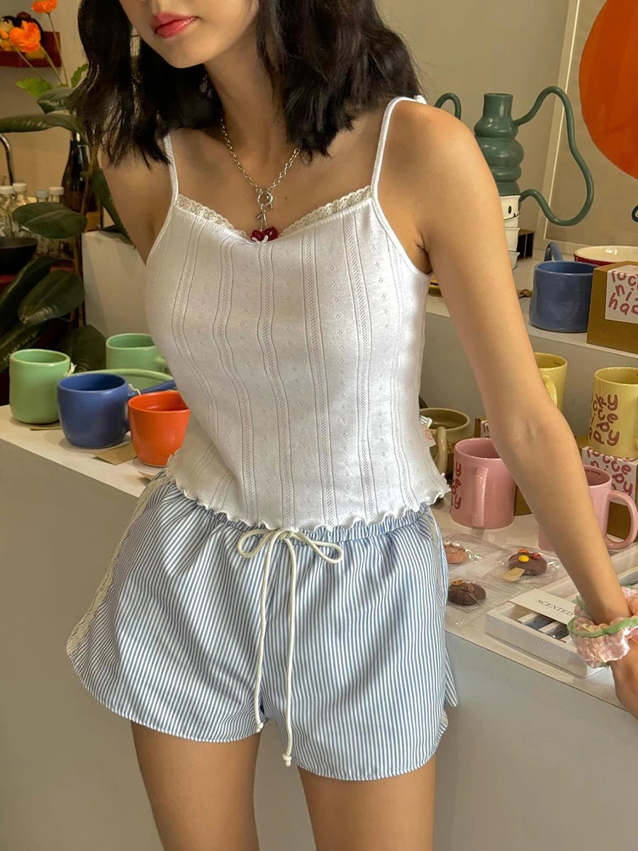Vintage Kawaii Ruffles Lace Trim Striped Shorts With Drawstring For Cozy Cottagecore