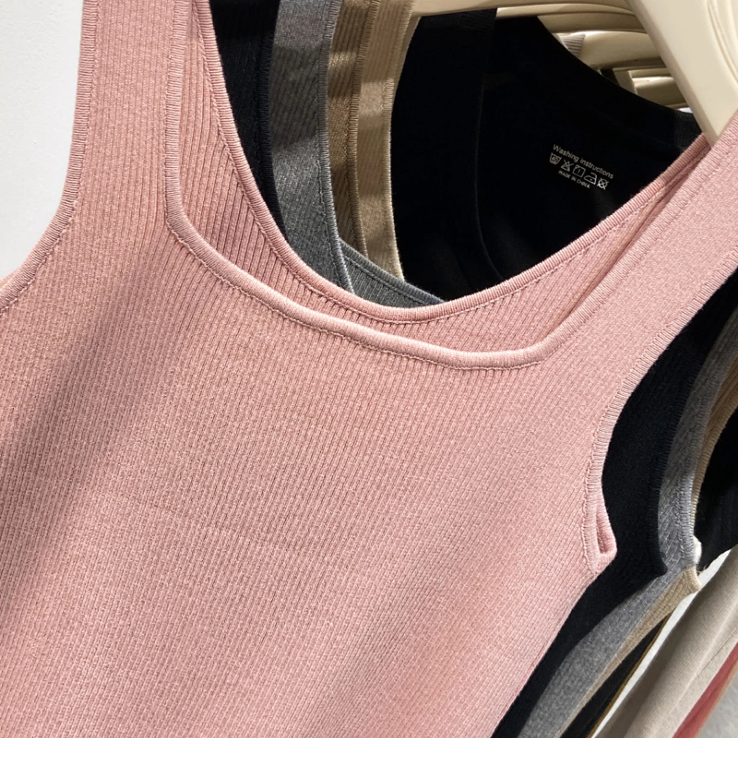 Knitted Strap Top With Clavicle Square Collar