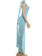Velvet Halter Turtleneck Backless Mini Dress With Ruched Patchwork Tassel Hem