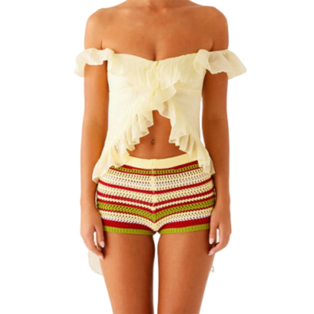 Ruched Ruffle Split Front Crop Top With Off Shoulder Backless