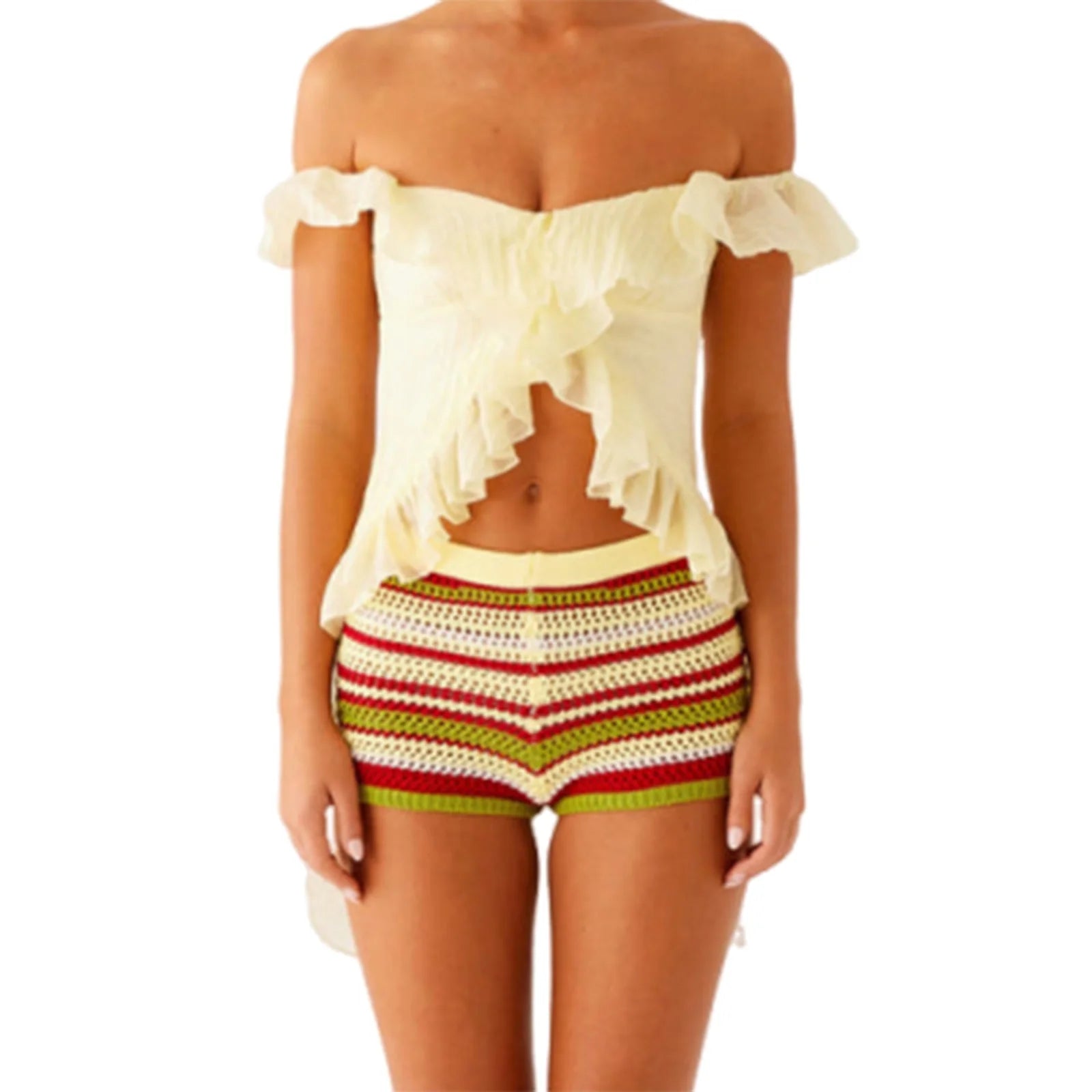 Ruched Ruffle Split Front Crop Top With Off Shoulder Backless