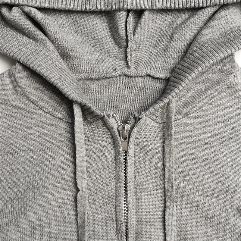Ribbed Knit Two Piece Tracksuit Set With Hooded Crop Top And Elastic Zippered Pants