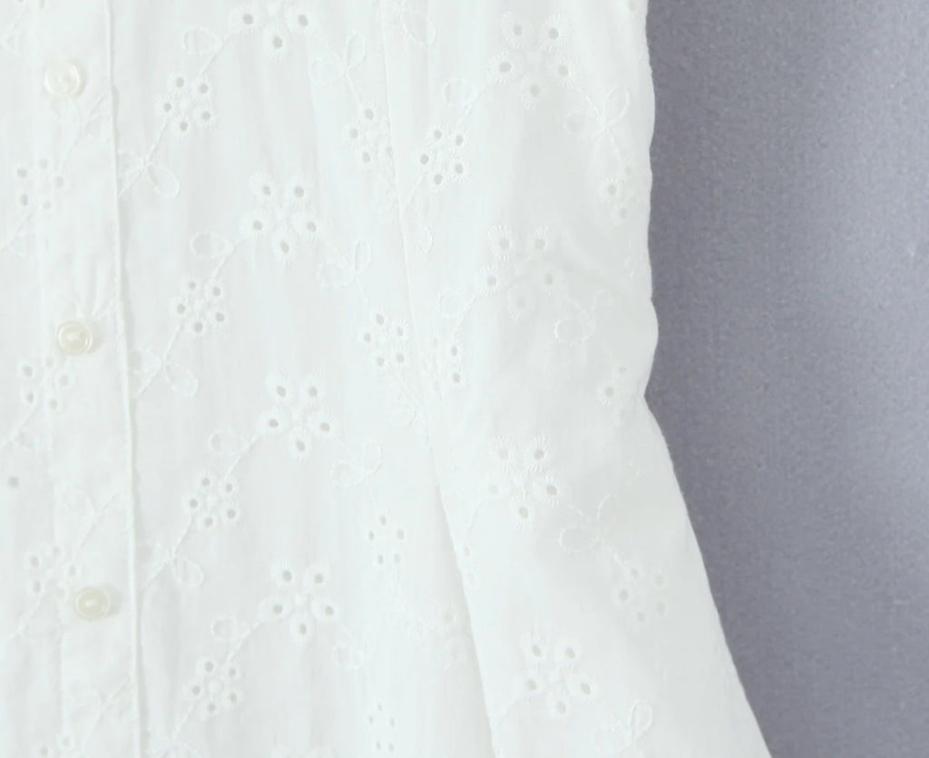 White Embroidered Lace V Neck Mini Dress With Hollow Out Detail And Back Zipper Closure