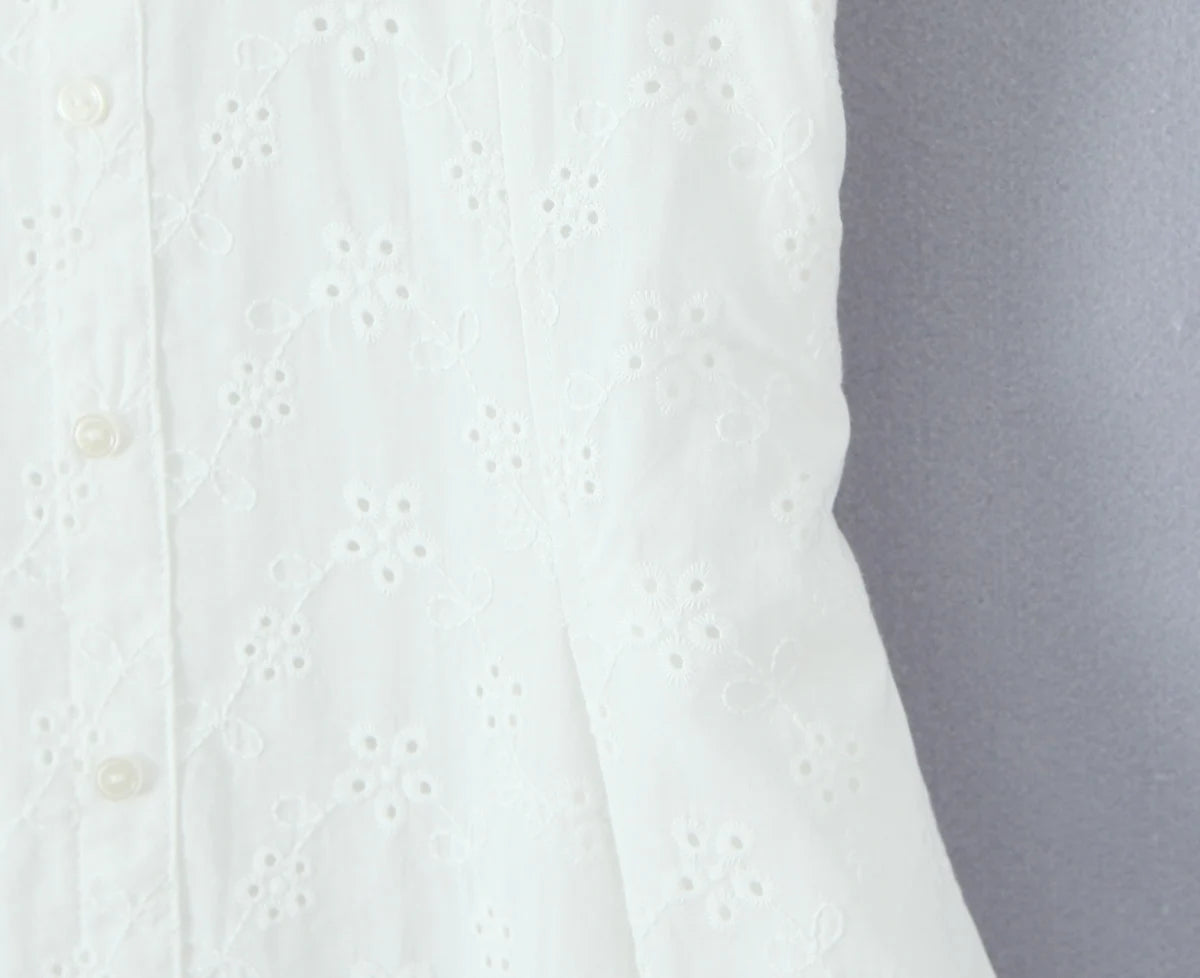 White Embroidered Lace V Neck Mini Dress With Hollow Out Detail And Back Zipper Closure