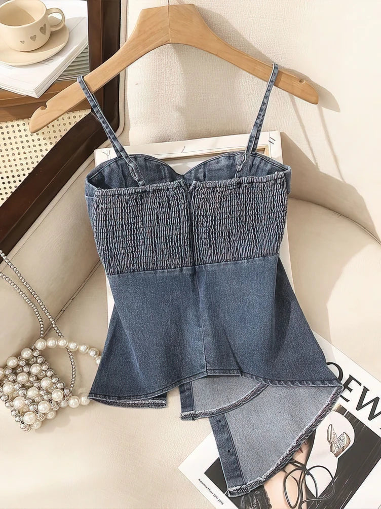 Denim Bustier Camisole Crop Top With Removable Strapless Corset