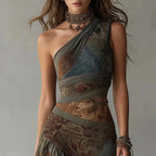 One Shoulder Boho Maxi Dress With Retro Print And Ruched High Split