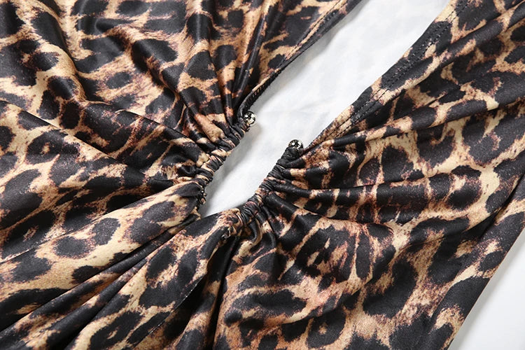 Leopard Print Ruched Deep V Neck Dress With Ribbon Tie And High Split