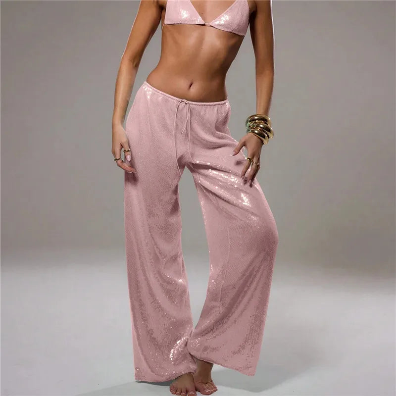 Sequined Solid Wide Leg Pants For Women With High Waist Loose Fit Trousers