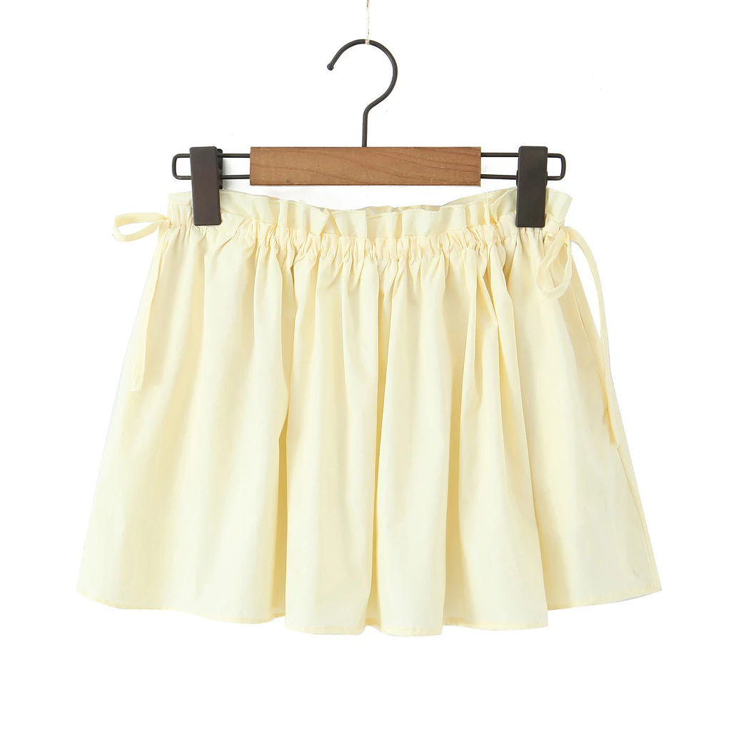 Radiant Bow Accent Ruched Bust Tank Top With Open Button Front And Rope Laced Waist Mini Skirt Set