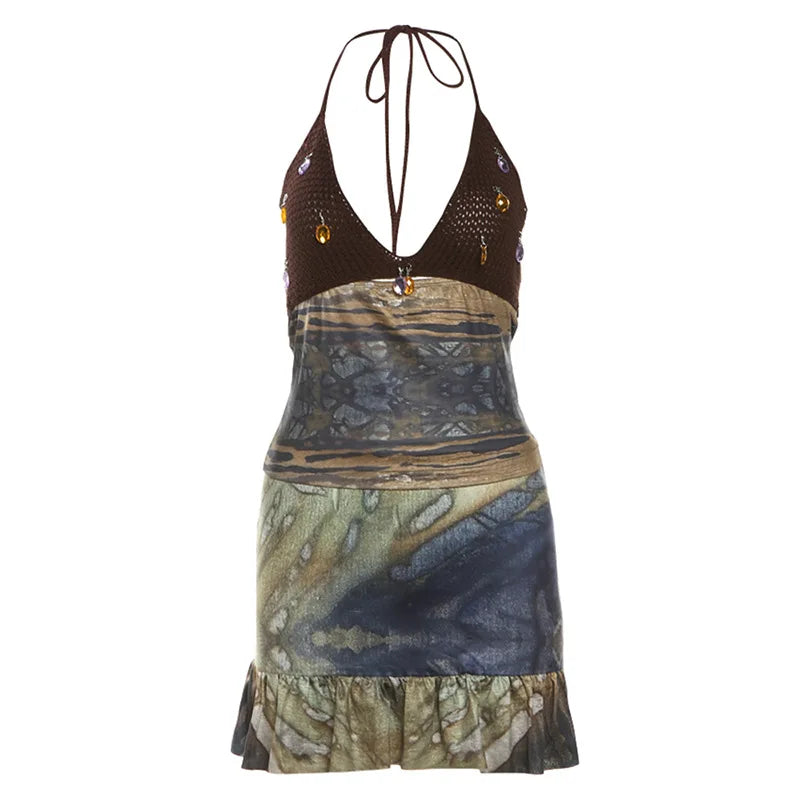 Sunlit Beach Crystal Knit Patchwork Halter Set With Lace Up Backless Top And Ruffle Printed Skirt