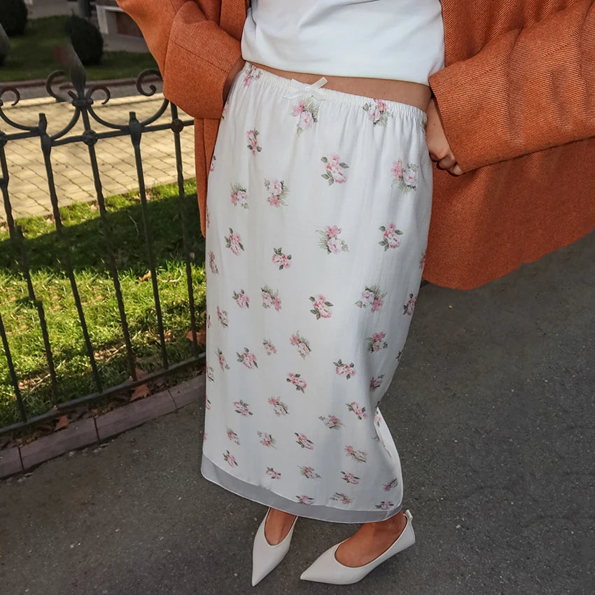 Vintage Mesh High Waist Long Skirt With Print And Bow Detail