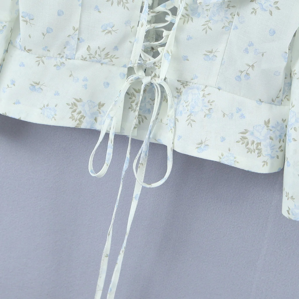 Floral Corset Style Crop Top With Cross Lacing And Ruffle Square Collar Three Quarter Sleeve