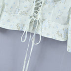Floral Corset Style Crop Top With Cross Lacing And Ruffle Square Collar Three Quarter Sleeve