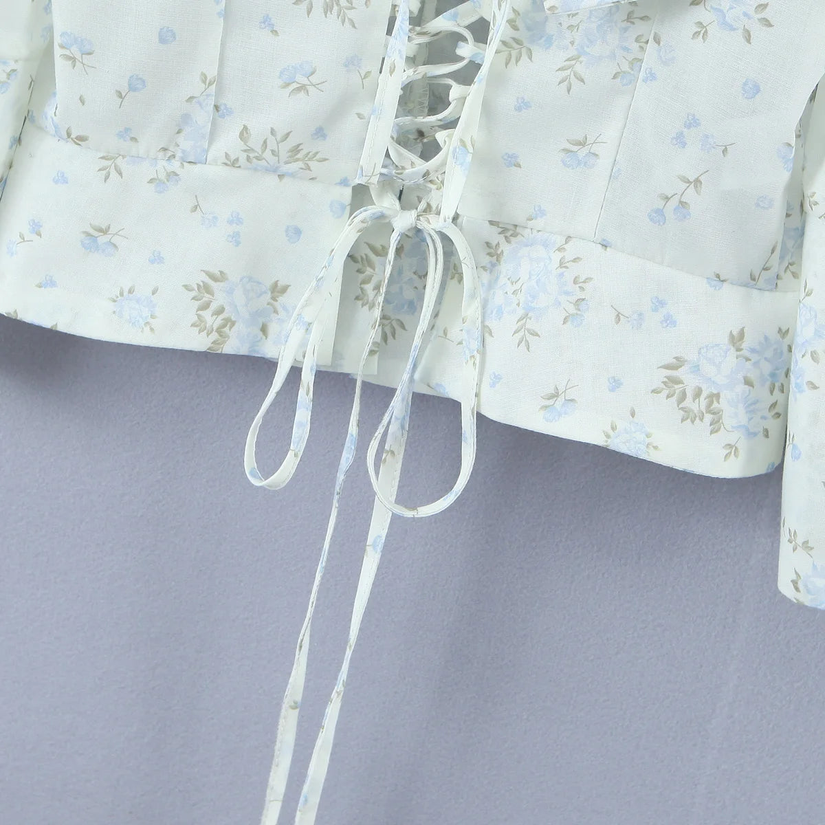 Floral Corset Style Crop Top With Cross Lacing And Ruffle Square Collar Three Quarter Sleeve