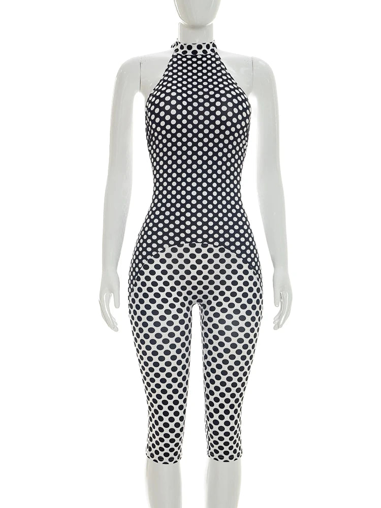 Polka Dot Halter Romper For Women Backless Sleeveless Slim Fit