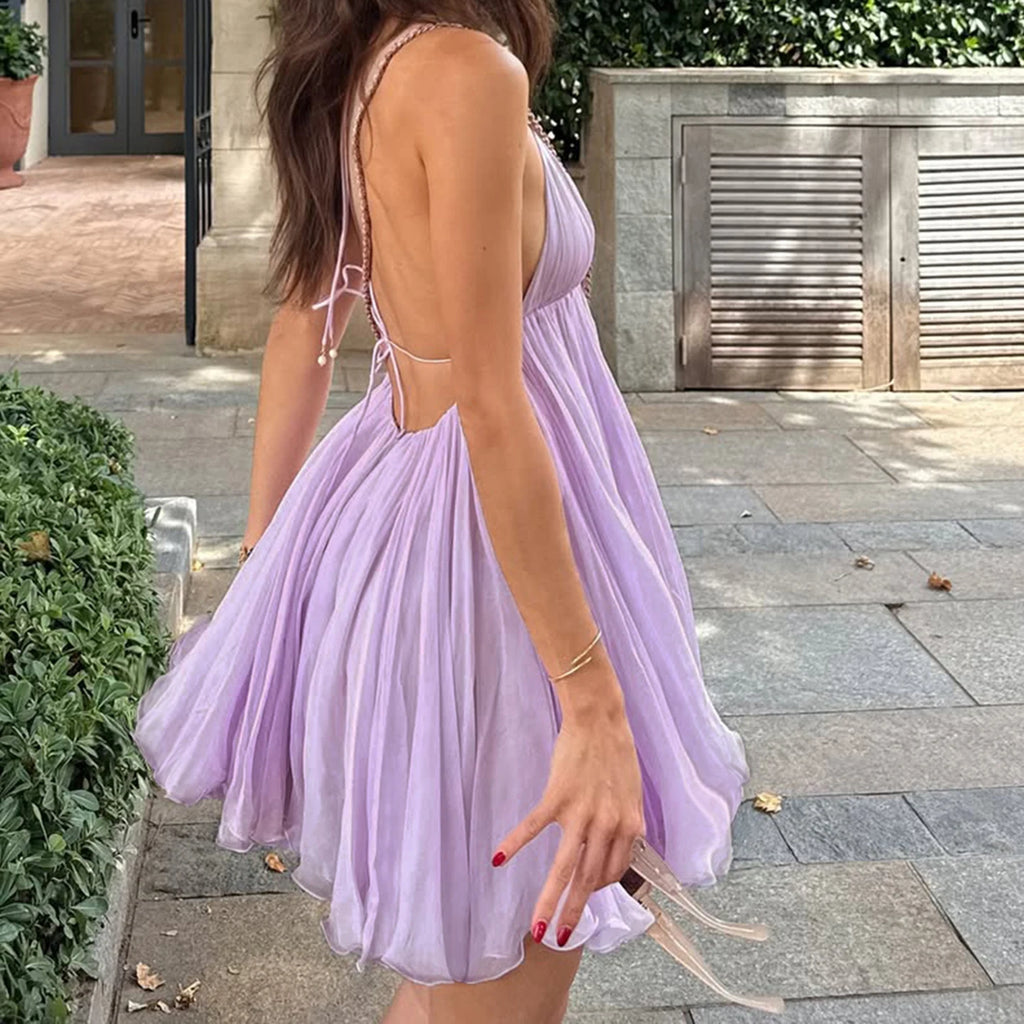 Purple Chiffon Backless Sundress With Deep V Neck A-Line Mini