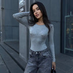 Bodysuit Metallic Decor Crew Neck Long Sleeve Slim Fit