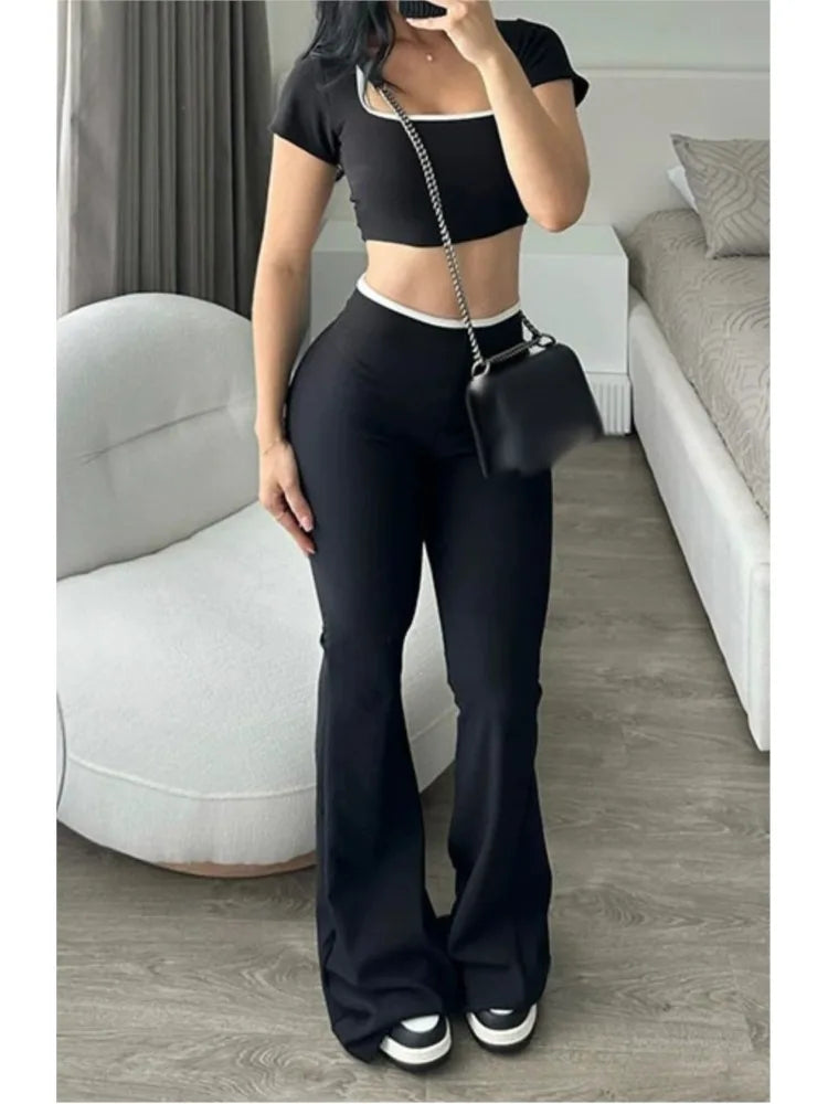 Sexy Slim Two Piece Set For Women Short Sleeve Square Collar Top High Waist Pants