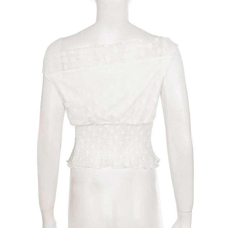 One Shoulder Crop Top With Sheer Polka Dots and Ruched