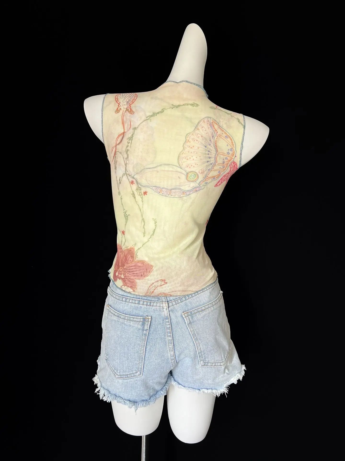 Chic Double Layer Mesh Tee With Elegant Print And High Collar Short Sleeve Women Net Shirt