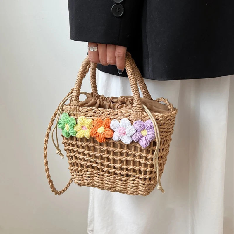Straw Woven Shoulder Bag With Floral Details