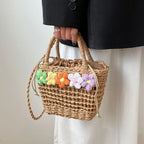 Straw Woven Shoulder Bag With Floral Details