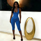 Cute Dots Design Halter Jumpsuit With Zipper Backless Sleeveless