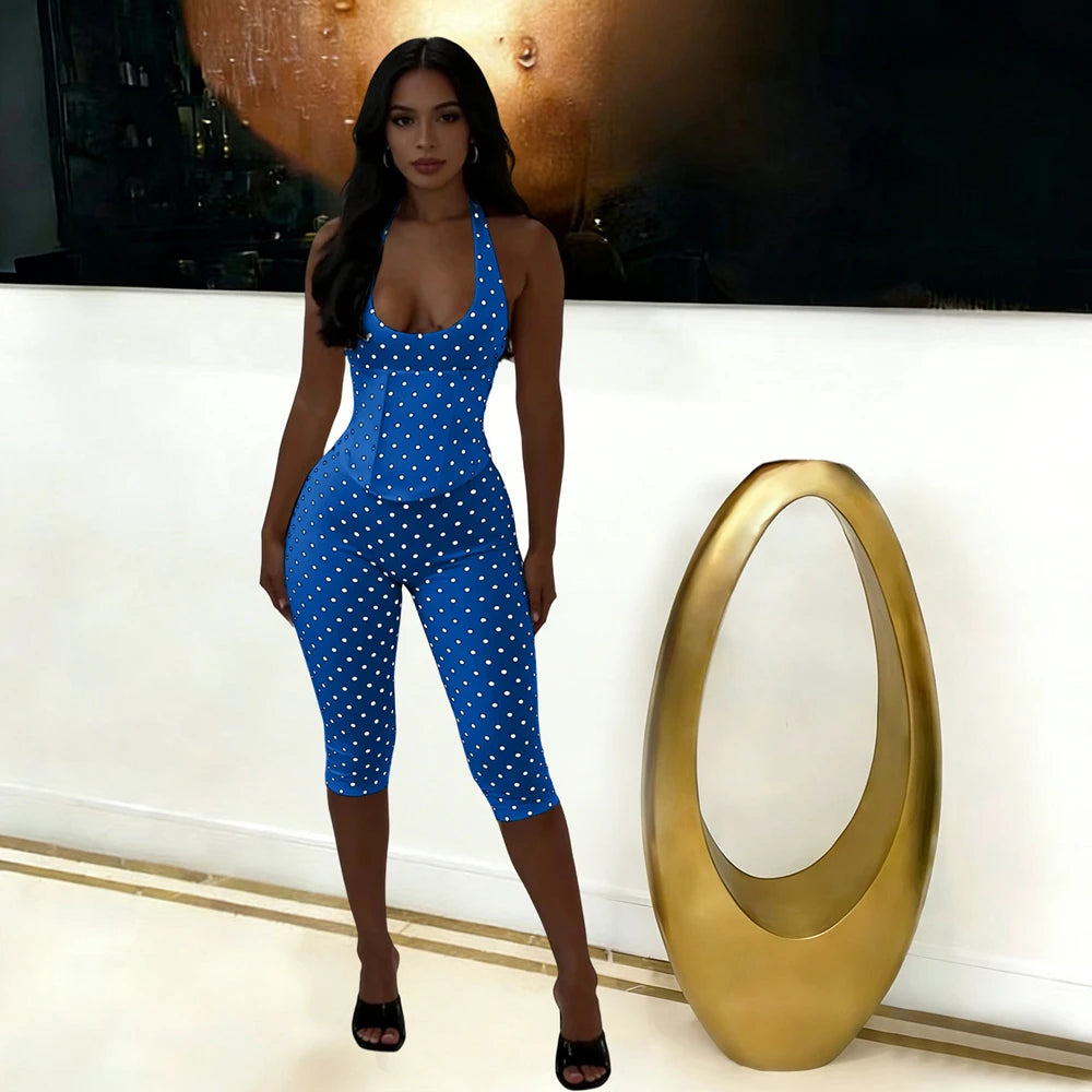 Cute Dots Design Halter Jumpsuit With Zipper Backless Sleeveless