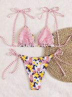 Sexy Fruits Pprint Striped Bikinis Set Two-pieces Back Tie Thong