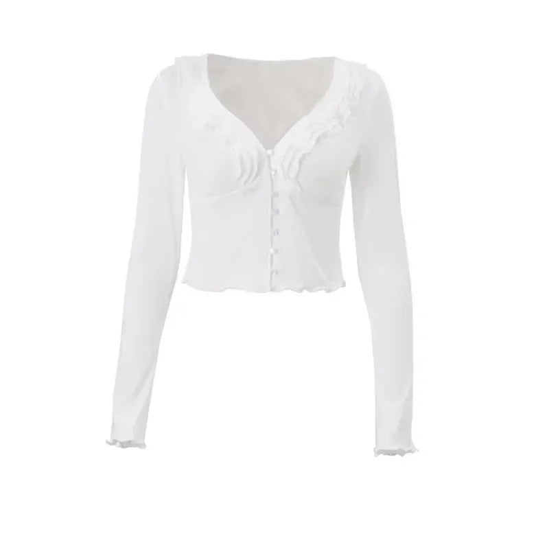 Elegant White Coords Set With Ruffled Trim Skirt And Long Sleeve Top