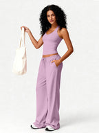 Two Piece Set With Sleek V Neck Tank Backless Detail And Wide Leg Pants