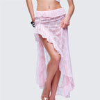 Women Asymmetrical Lace Flowy Skirt Vintage Long Skirts High Waist Ruffle Midi