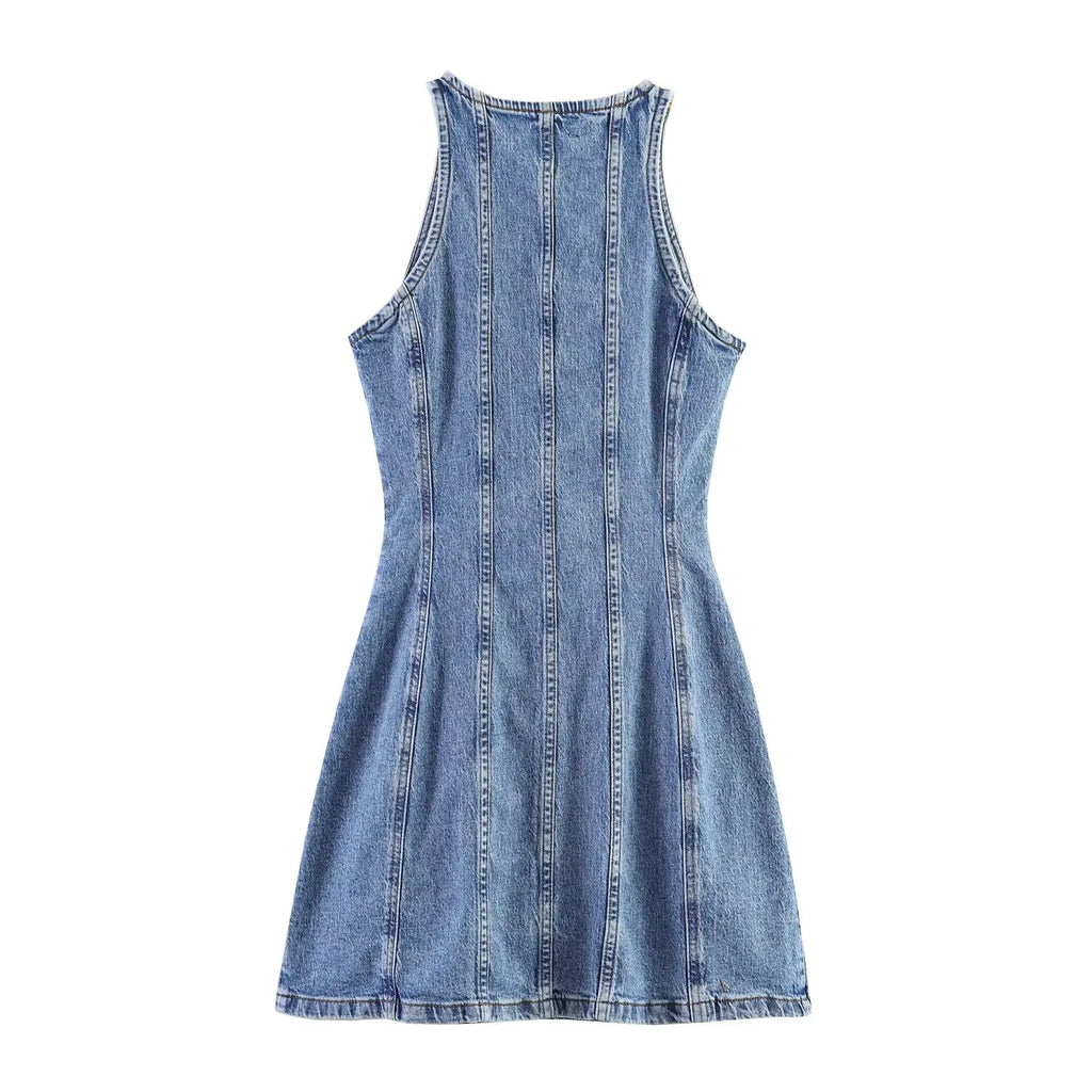 Casual Denim Mini Dress For Women Sleeveless Round Collar Single Breasted Slim Fit