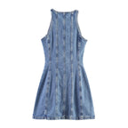 Casual Denim Mini Dress For Women Sleeveless Round Collar Single Breasted Slim Fit