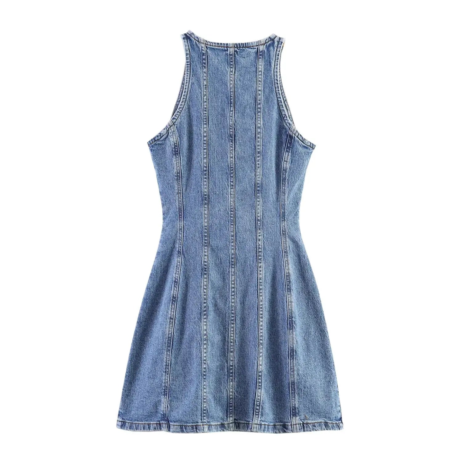 Casual Denim Mini Dress For Women Sleeveless Round Collar Single Breasted Slim Fit