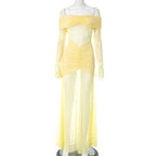 Off Shoulder Pleated Maxi Dress With Lace Patchwork