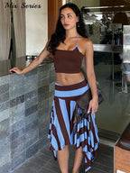 Striped Midi Skirt With Asymmetric Pleated Hem For Women Casual Style Flattering Low Rise